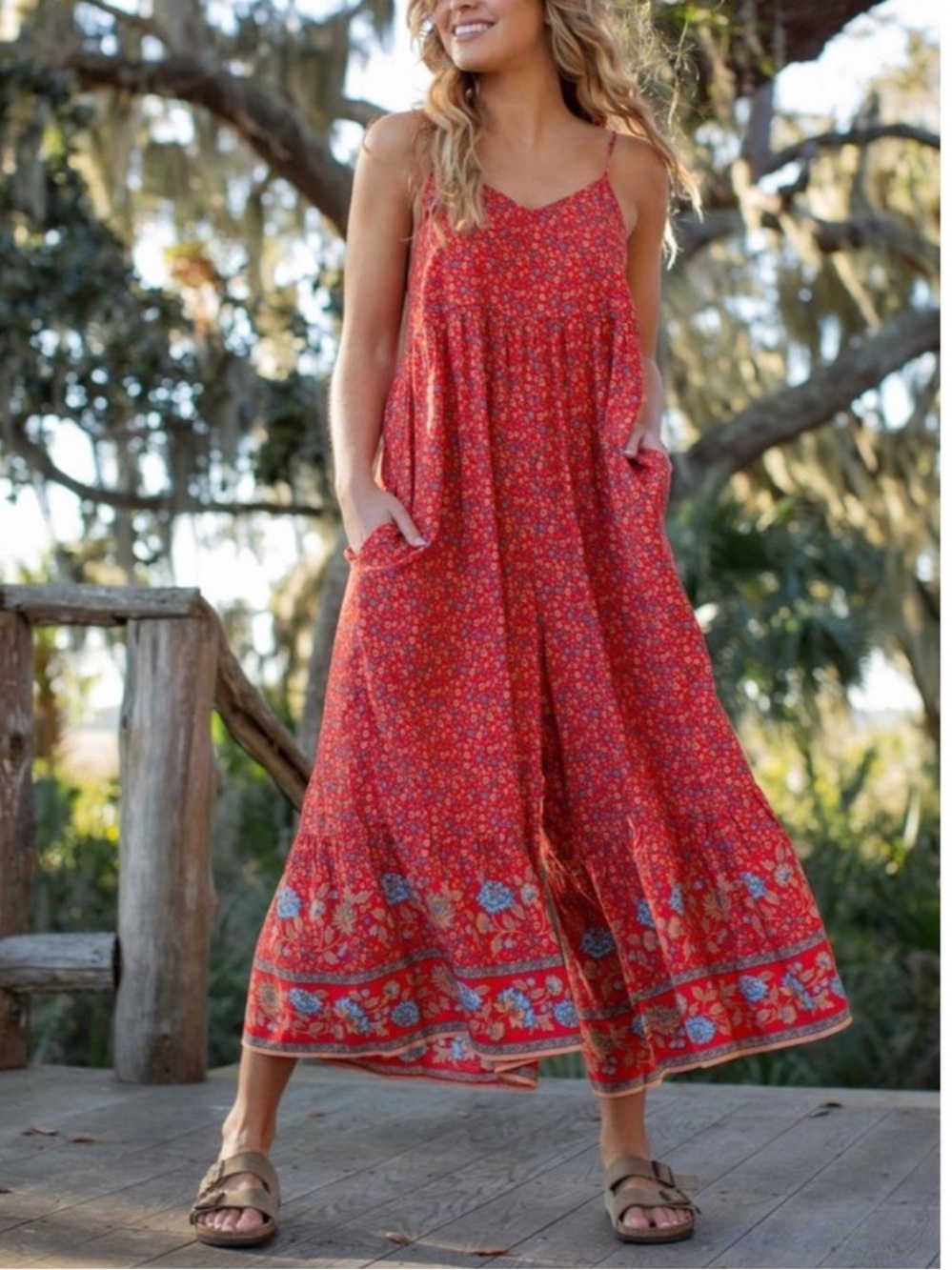 Natural Life Jamie Wide Leg Jumpsuit Medium red Floral Boho